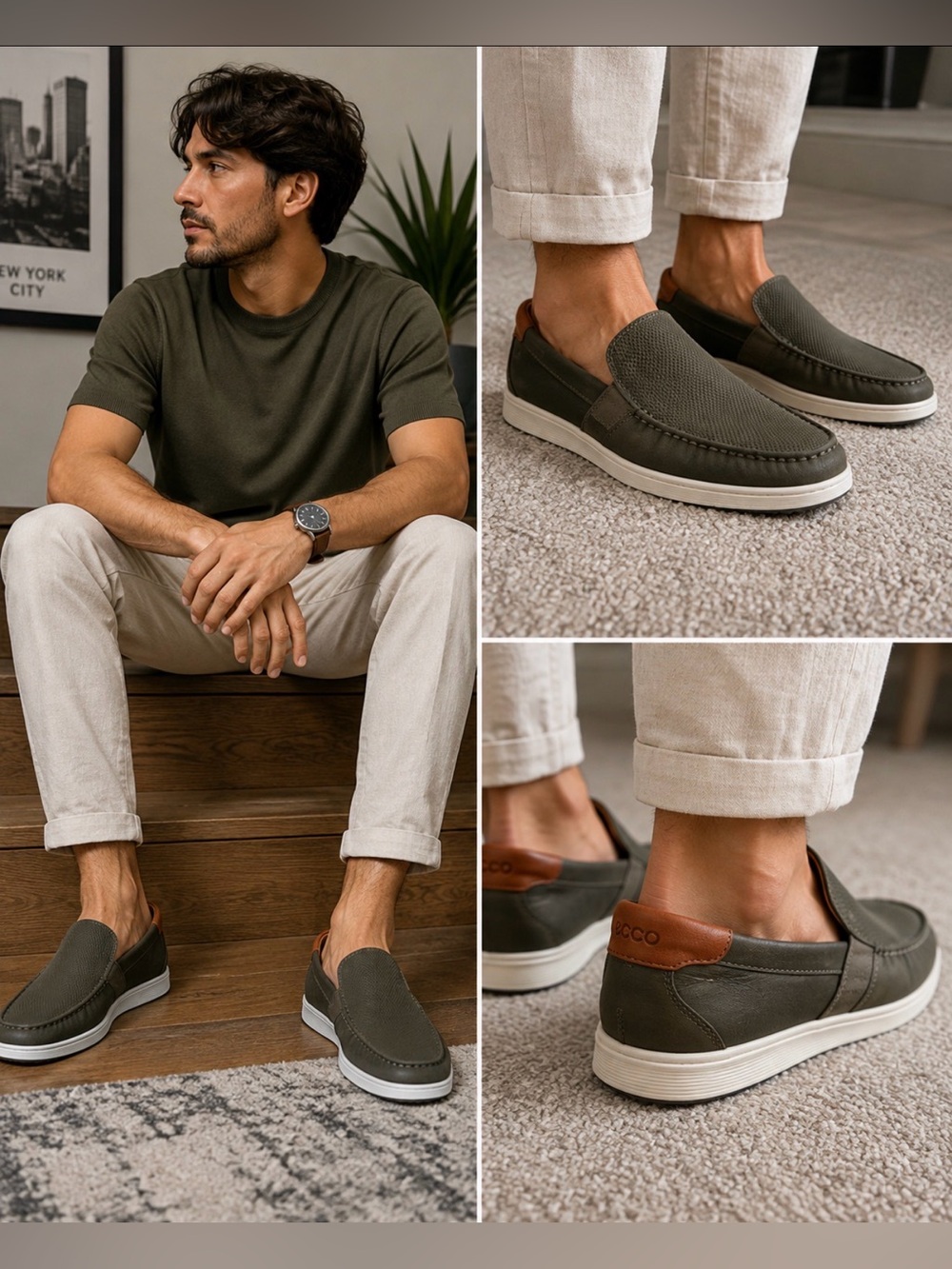 Ecco lite moc  Olive Green Leather Slip-On Loafers with Tan Heel